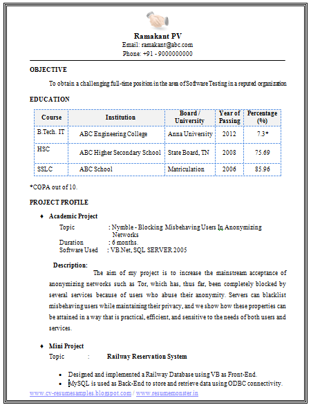 curriculum vitae for b.tech students